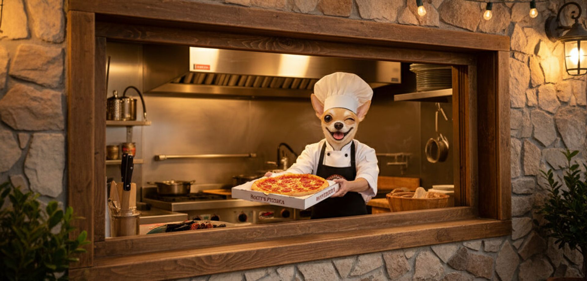 The wood-fired dining room at Rusty's Pizzeria